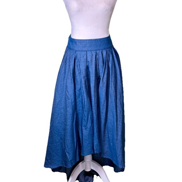 Boho Chambray Maxi Skirt High Low Hem Full Flowing Romantic Bow Tie Waist M NWT - Picture 1 of 9